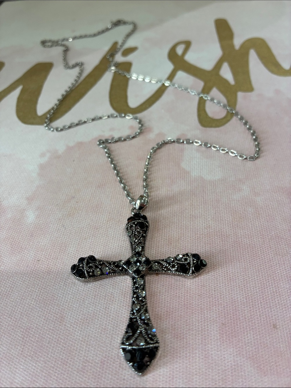 Silver-Tone Black AB Crystal Cross Pendant Necklace - Women Jewelry